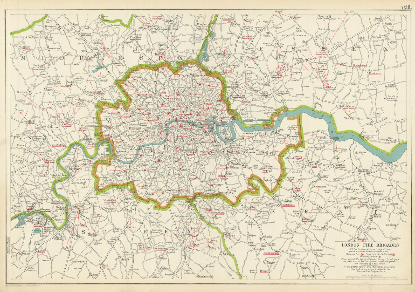 LONDON FIRE BRIGADE. Showing Fire Brigade Stations. Vintage map. BACON 1913